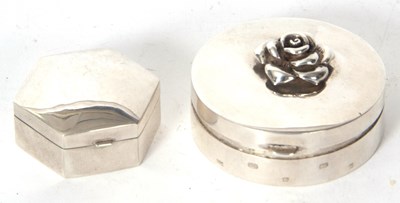 Lot 108 - Two modern white metal pill boxes, a round...