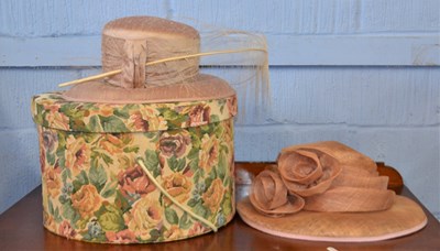 Lot 113 - A cotton tapestry covered hat box together...